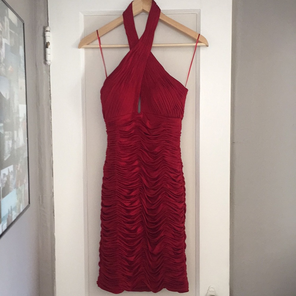 Jovani Deep Rose Red Halter Keyhole Cocktail Dress